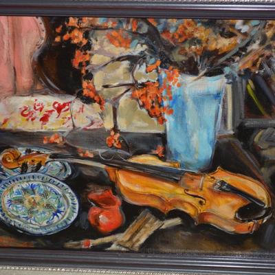 Original Still Life Oil Painting in Painted Ornate Silver Frame 17.5