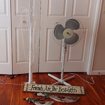 LIGHTED TREE, FLOOR FAN AND WALL HANGINGS