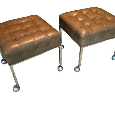 850 Pair Mid Century Modern Gray Tufted Chrome Rolling Ottomans