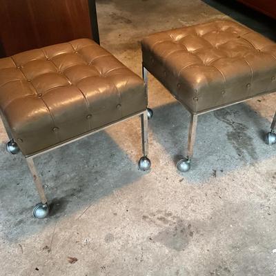 850 Pair Mid Century Modern Gray Tufted Chrome Rolling Ottomans
