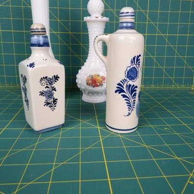 Vintage Milk Glass decanter with Jars & Vase