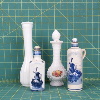 Vintage Milk Glass decanter with Jars & Vase