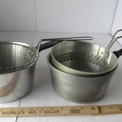 2 Old Deep Frier Sets, One With Nice Sturdy Wood Handle
