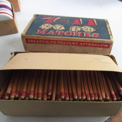 Box of Poker Chips, 2 Decks of Cards, Old Box of Stick Matches