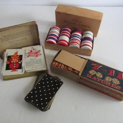 Box of Poker Chips, 2 Decks of Cards, Old Box of Stick Matches