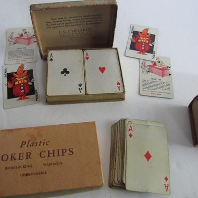 Box of Poker Chips, 2 Decks of Cards, Old Box of Stick Matches