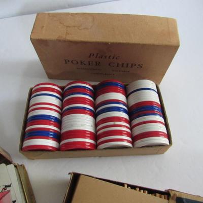 Box of Poker Chips, 2 Decks of Cards, Old Box of Stick Matches