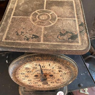 Antique Columbia Family Scale and Vintage Farmer' Almanac Thermometer