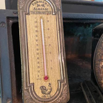 Antique Columbia Family Scale and Vintage Farmer' Almanac Thermometer