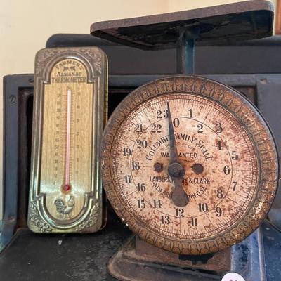 Antique Columbia Family Scale and Vintage Farmer' Almanac Thermometer