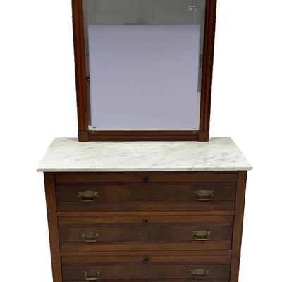 1017 Antique Victorian Marble Top Three Drawer Dresser with Mirror