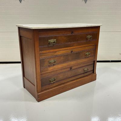 1017 Antique Victorian Marble Top Three Drawer Dresser with Mirror
