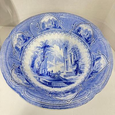 1018 Blue and White Ironstone Scenic Pitcher and Bowl Set