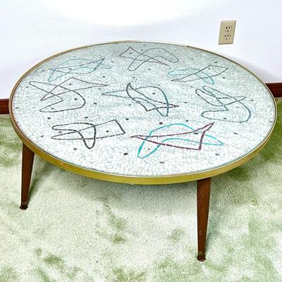 Authentic MCM Mosaic Boomerang Design Glass Top Coffee Table with 3 Legs