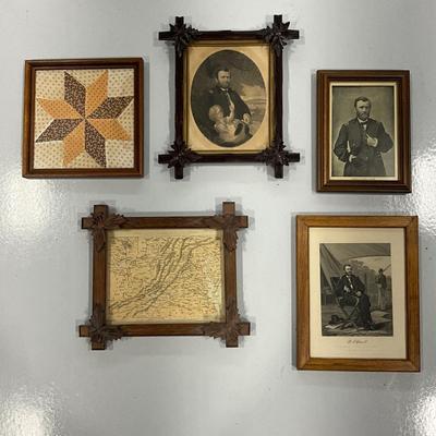1029 Lot of Ulysses Grant Portraits, Civil War Map, Quilt from War