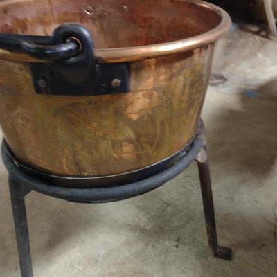 Large Copper Pot with Cast Metal Stand for Outdoor Cooking