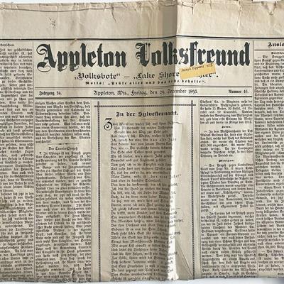 1893 Appleton Volksfreund German Language Vintage Newspaper