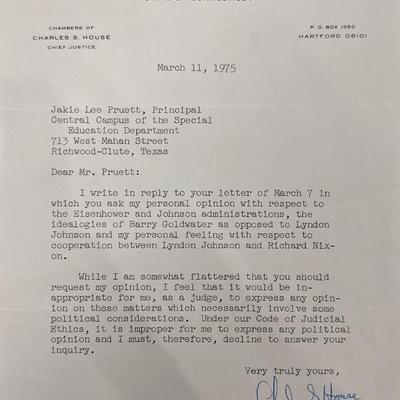 Connecticut Chief Justice Charles S. House Signed Letter