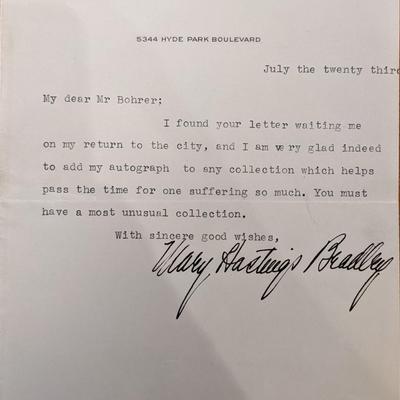 Mary Hastings Bradley Signed Note