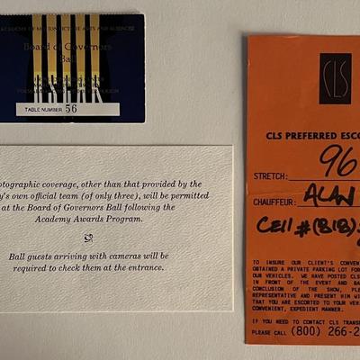 1996 Academy Awards Governors Ball ticket and parking pass