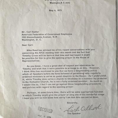 US House of Representatives Carl Albert signed letter 