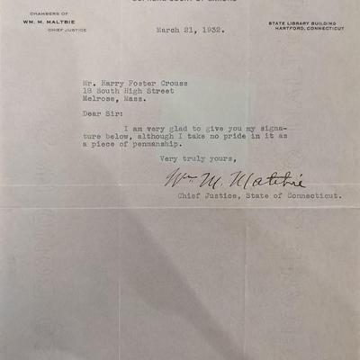 Connecticut Chief Justice W.M. M. Maltbie Signed Letter