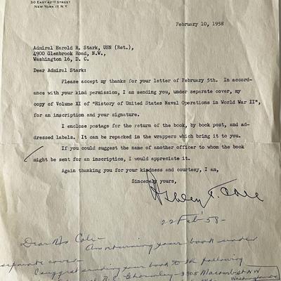 US Navy Admiral Harold R. Stark unsigned letter