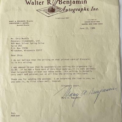 Mary A. Benjamin signed letter