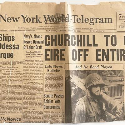 WWII 1944 New York World Telegram Original Vintage Newspaper - Churchill to Cut of Eire Entirely 