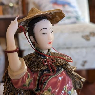 Vintage Chinese Lady Figurine in Wind Broken Fingers Hat