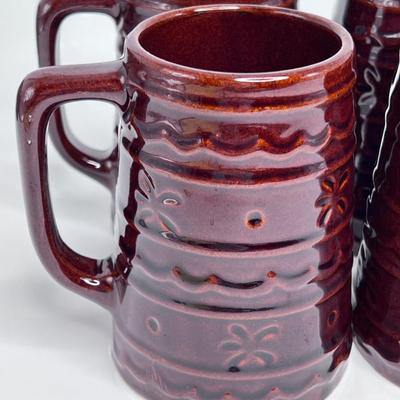 Vintage Marcrest Daisy Dot USA Brown Stoneware Set - Lidded Jar and 4 Mugs