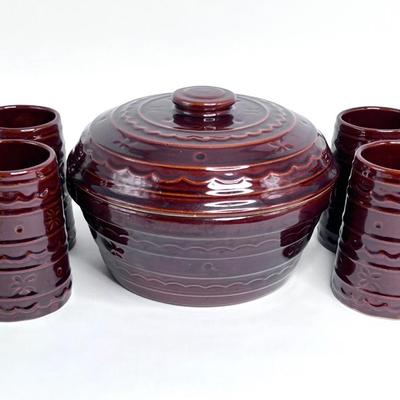 Vintage Marcrest Daisy Dot USA Brown Stoneware Set - Lidded Jar and 4 Mugs