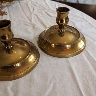 Vintage Set of 2 Brass Candle Holders Sticks Large Round Base