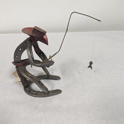 Folk Art Horseshoe Cowboy Fishing Artist R. Newman