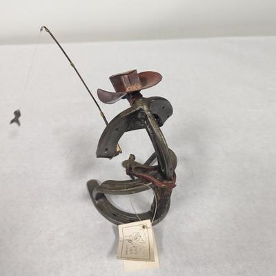Folk Art Horseshoe Cowboy Fishing Artist R. Newman