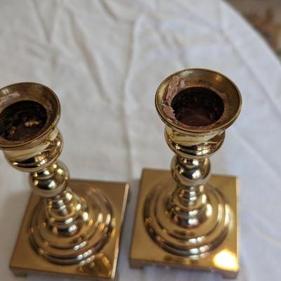 Vintage Set of 2 Brass Candle Sticks Holders with Square Bases