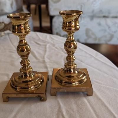 Vintage Set of 2 Brass Candle Sticks Holders with Square Bases