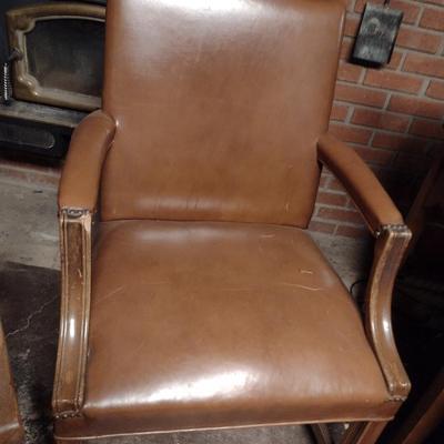 Wood Framed, Faux Leather Covered Chair with Brass Tack Accents