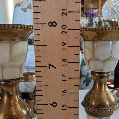 Vintage Set of 2 Brass and Shell Candle Sticks Holders with Metal Shades