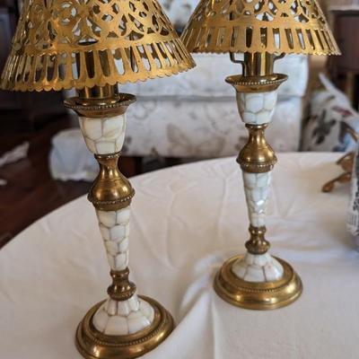 Vintage Set of 2 Brass and Shell Candle Sticks Holders with Metal Shades