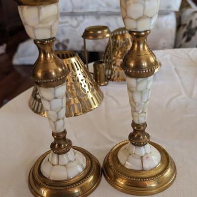 Vintage Set of 2 Brass and Shell Candle Sticks Holders with Metal Shades