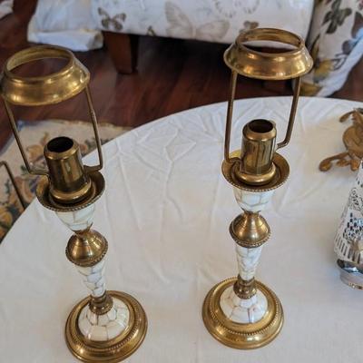 Vintage Set of 2 Brass and Shell Candle Sticks Holders with Metal Shades