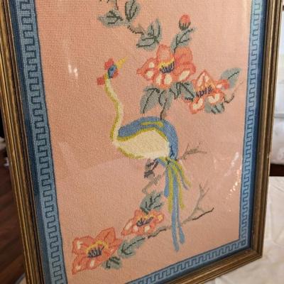 Vintage Bird and Flowers Fiber Art Piece