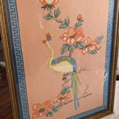 Vintage Bird and Flowers Fiber Art Piece