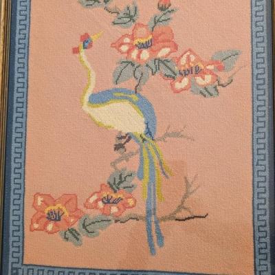 Vintage Bird and Flowers Fiber Art Piece