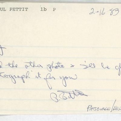 Baseball legend Paul Pettit signed note 