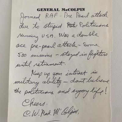 General Carroll W. Red McColpin signed letter