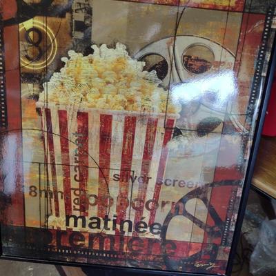 Framed Wall Decor for Home Theater- Popcorn and Movie Reels Design- Approx 25" X 31"