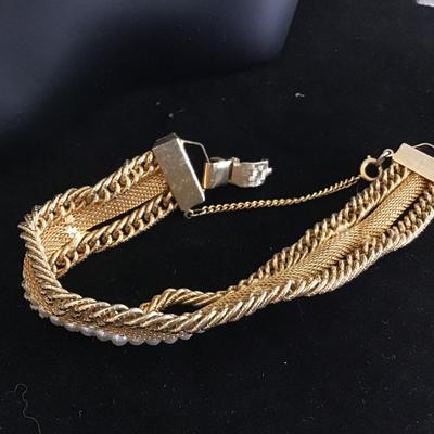 Vintage Gold Mesh And Faux Pearl Bracelet