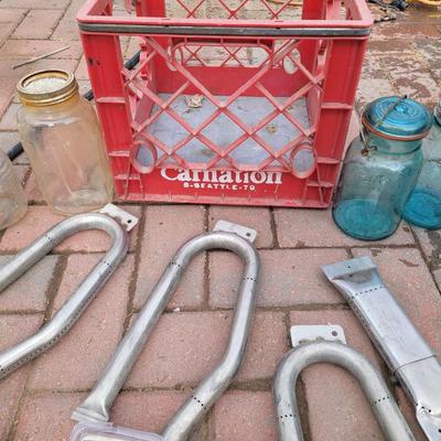 Lot of grill repair parts, mason jars and Carnation crate